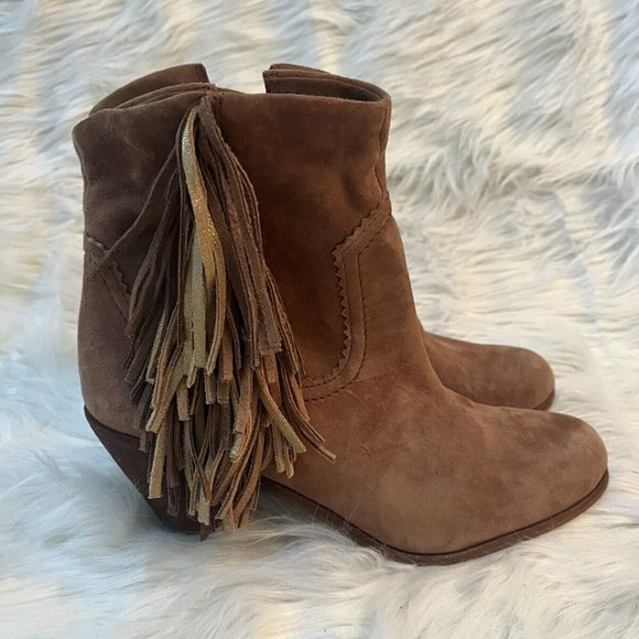 Sam Edelman Louie Fringe Heeled Ankle Boots Booties Size 8 in Soft Saddle Color - Picture 2 of 6